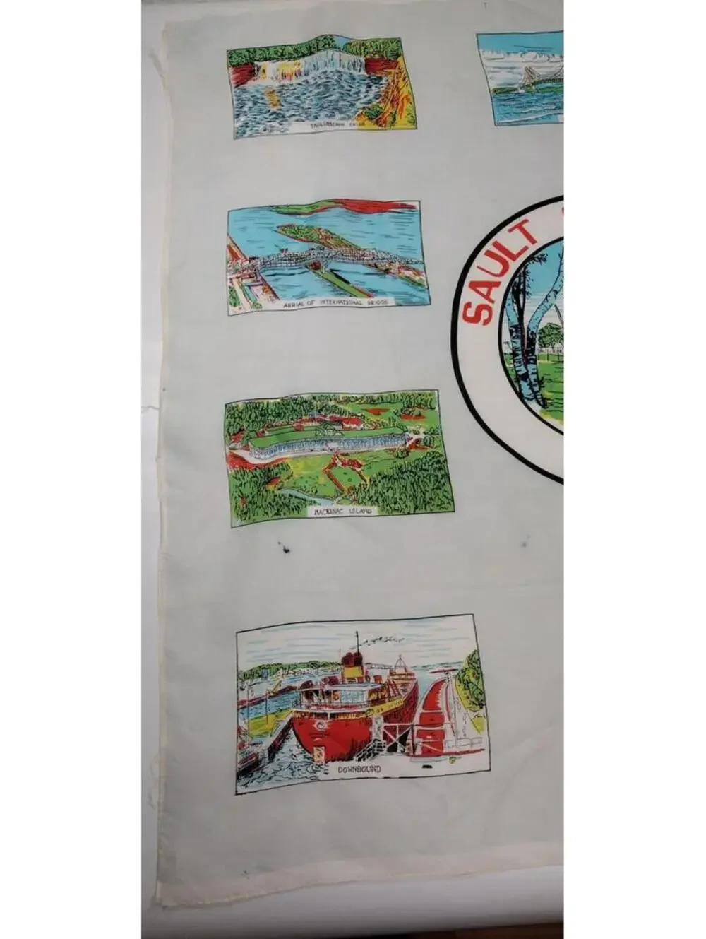 Vintage 1960s MICHIGAN SCARF SAULT STE. MARIE Souvenir Boat Ferry LARGE SIZE 28
